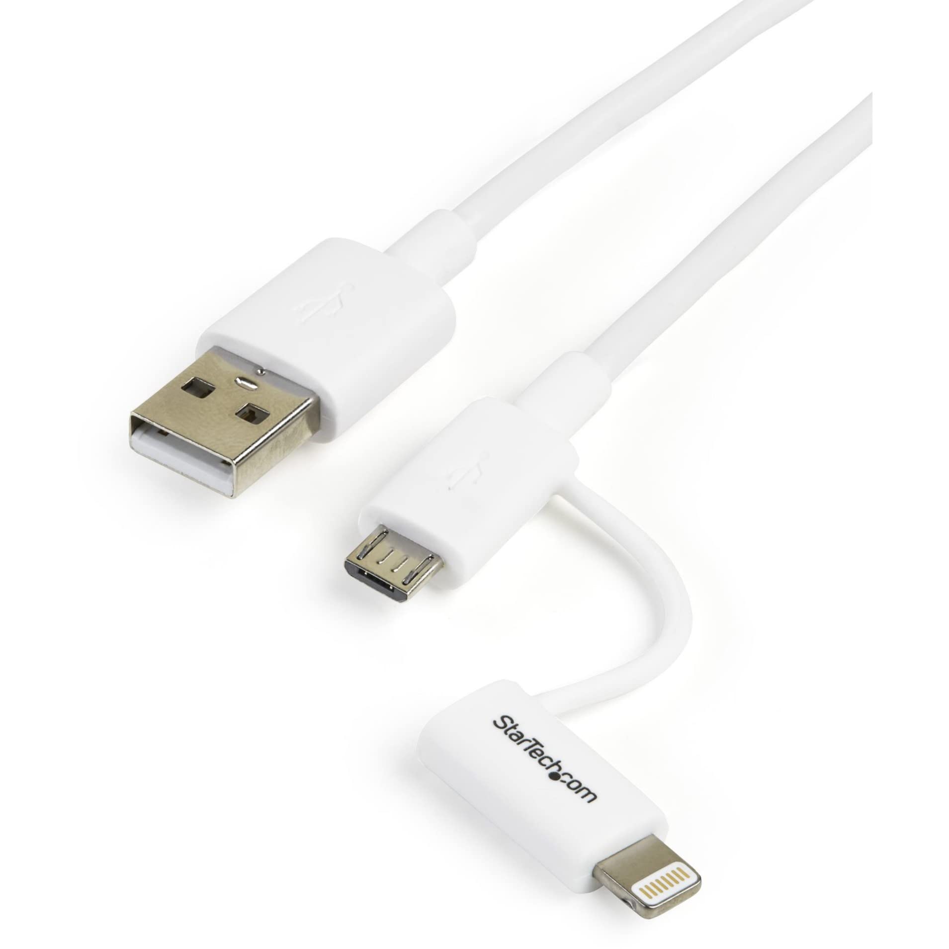 startech-com-c-ble-2-en-1-lightning-8-broches-micro-usb-vers-usb-1-m-blanc image 1