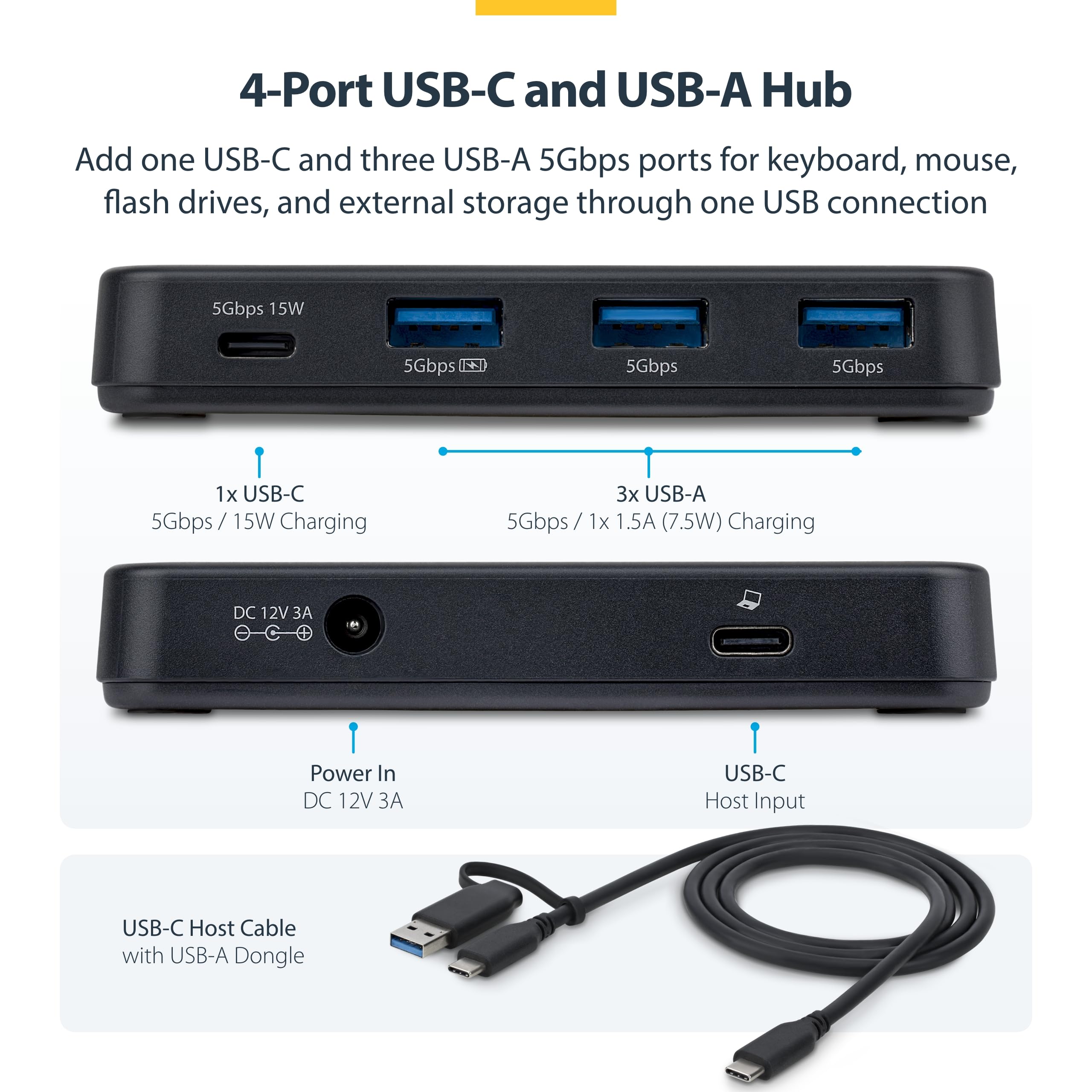 startech-com-hub-usb-a-4-ports-5-gbps-avec-charge-bc-1-2-et-adaptateur-24w-c-ble image 2