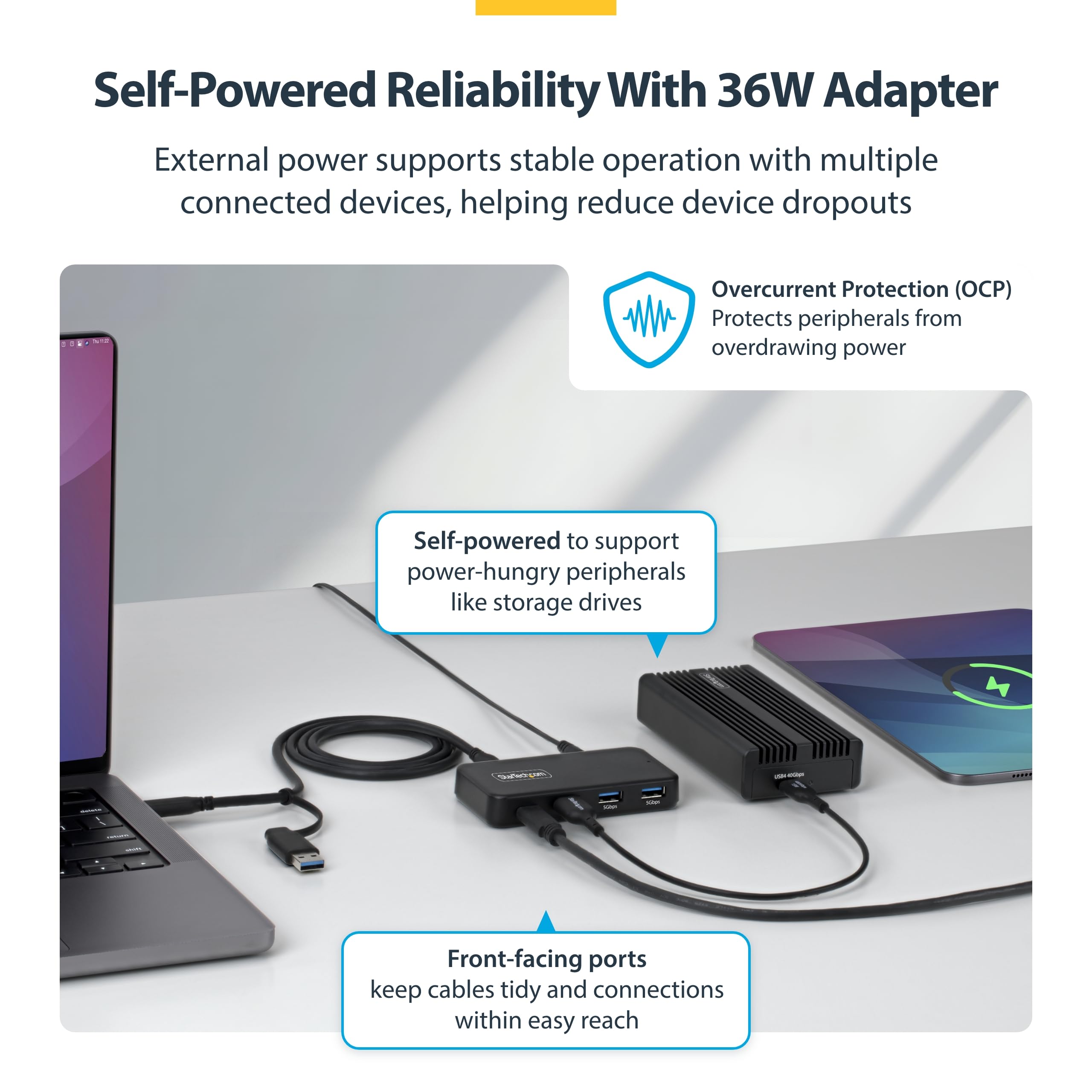 startech-com-hub-usb-a-4-ports-5-gbps-avec-charge-bc-1-2-et-adaptateur-24w-c-ble image 4