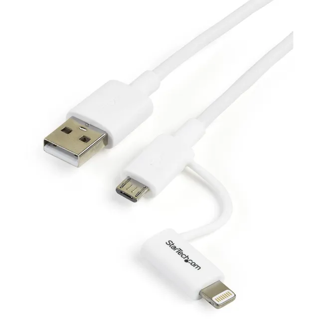 startech-com-c-ble-2-en-1-lightning-8-broches-micro-usb-vers-usb-1-m-blanc image 1