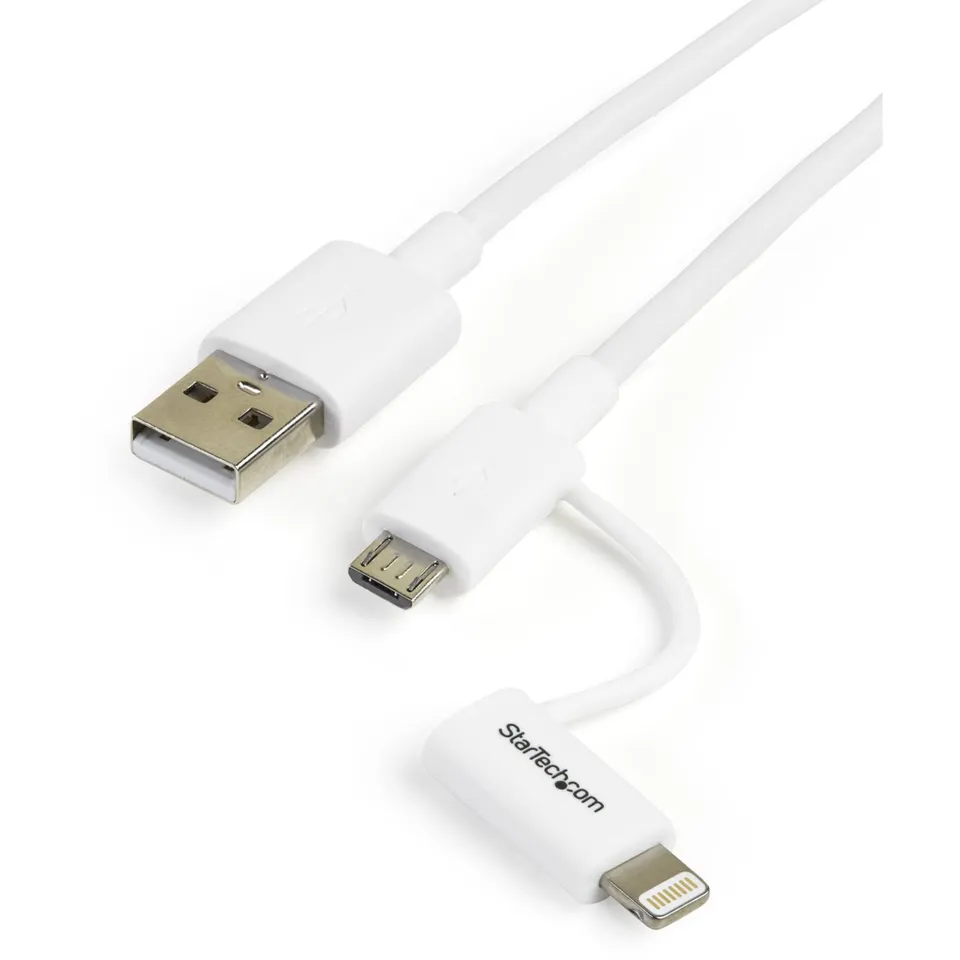 startech-com-c-ble-2-en-1-lightning-8-broches-micro-usb-vers-usb-1-m-blanc image 1