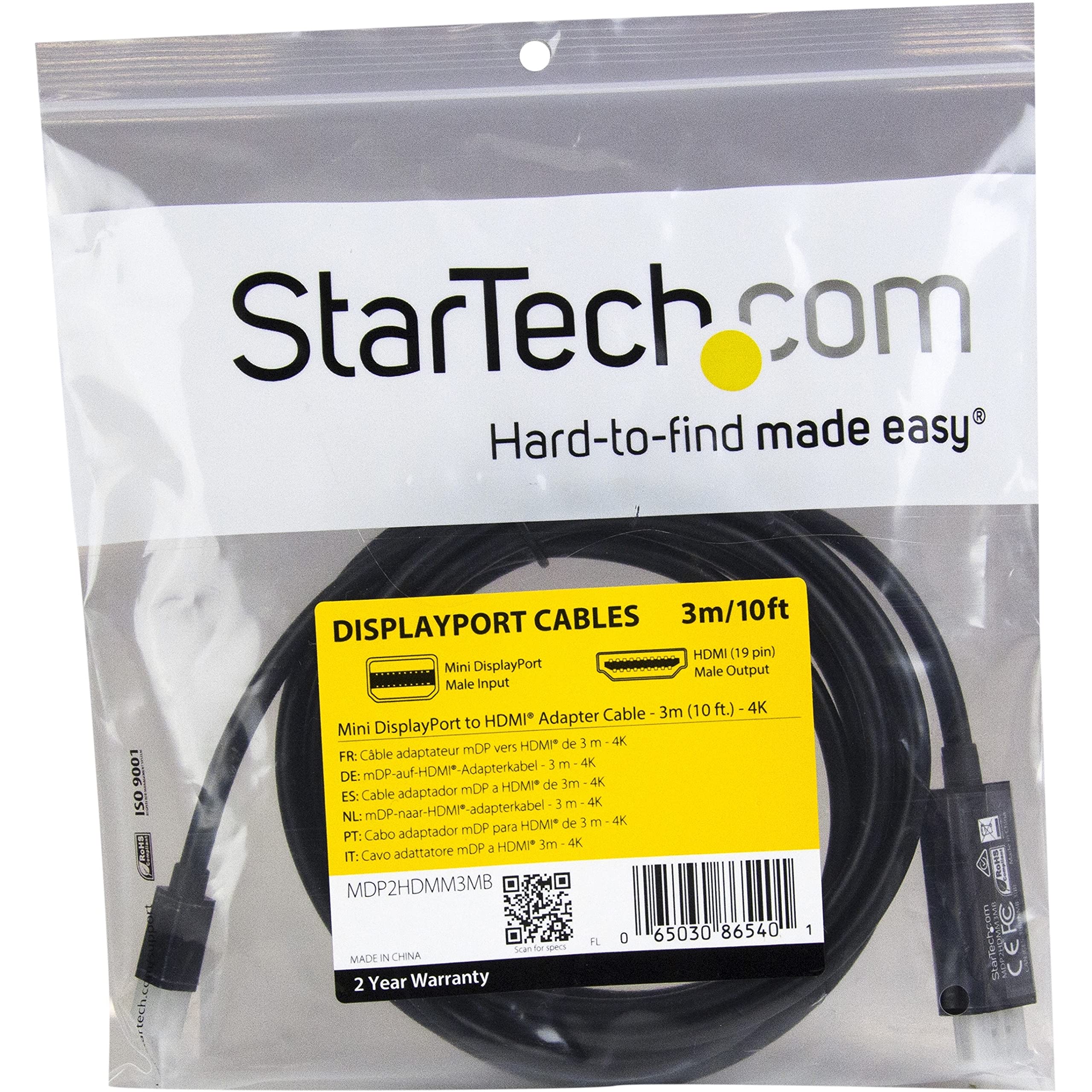startech-com-mdp2hdmm3mb-c-ble-mini-displayport-vers-hdmi-3-m-4k-30hz-noir image 7