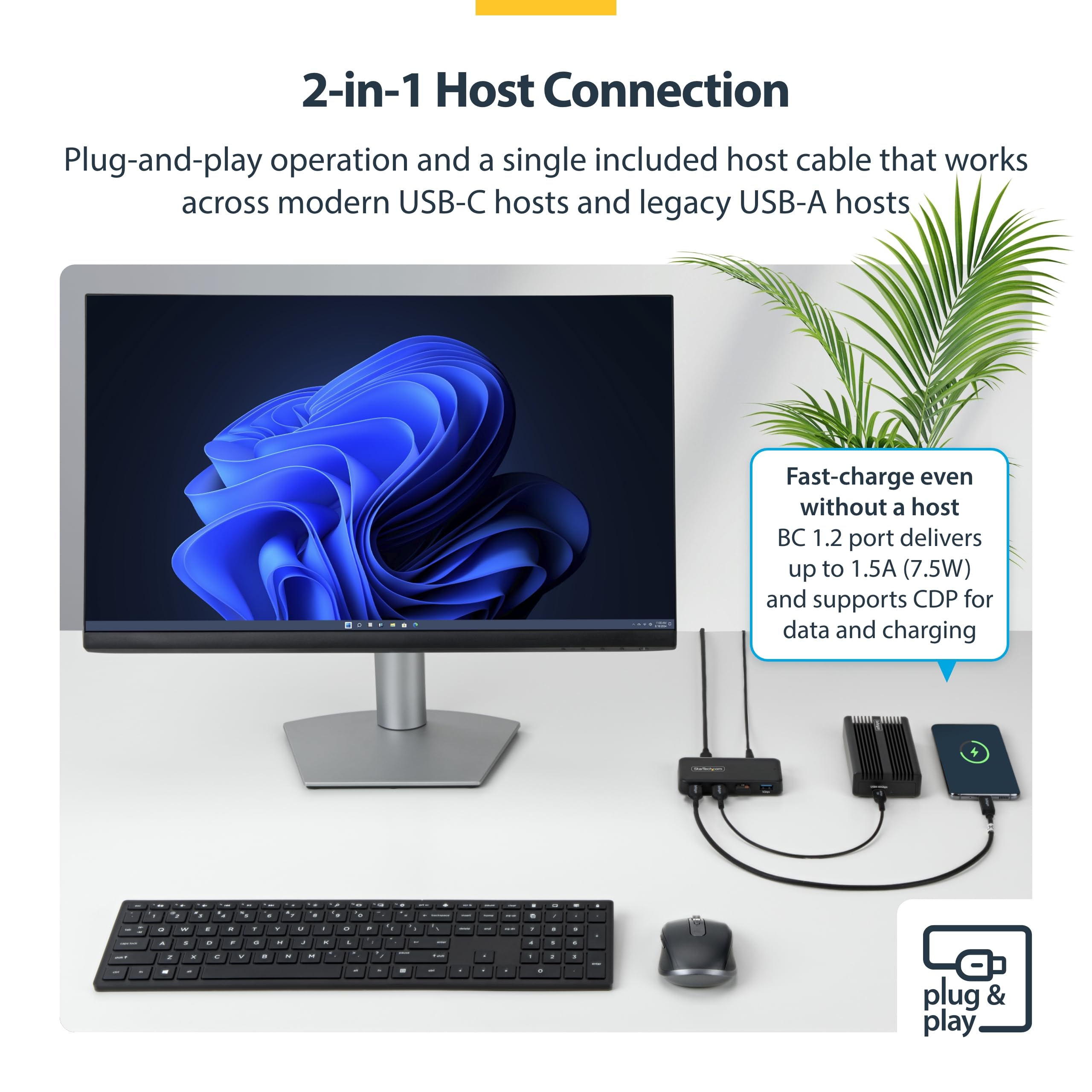 startech-com-hub-usb-a-4-ports-5-gbps-avec-charge-bc-1-2-et-adaptateur-24w-c-ble image 3