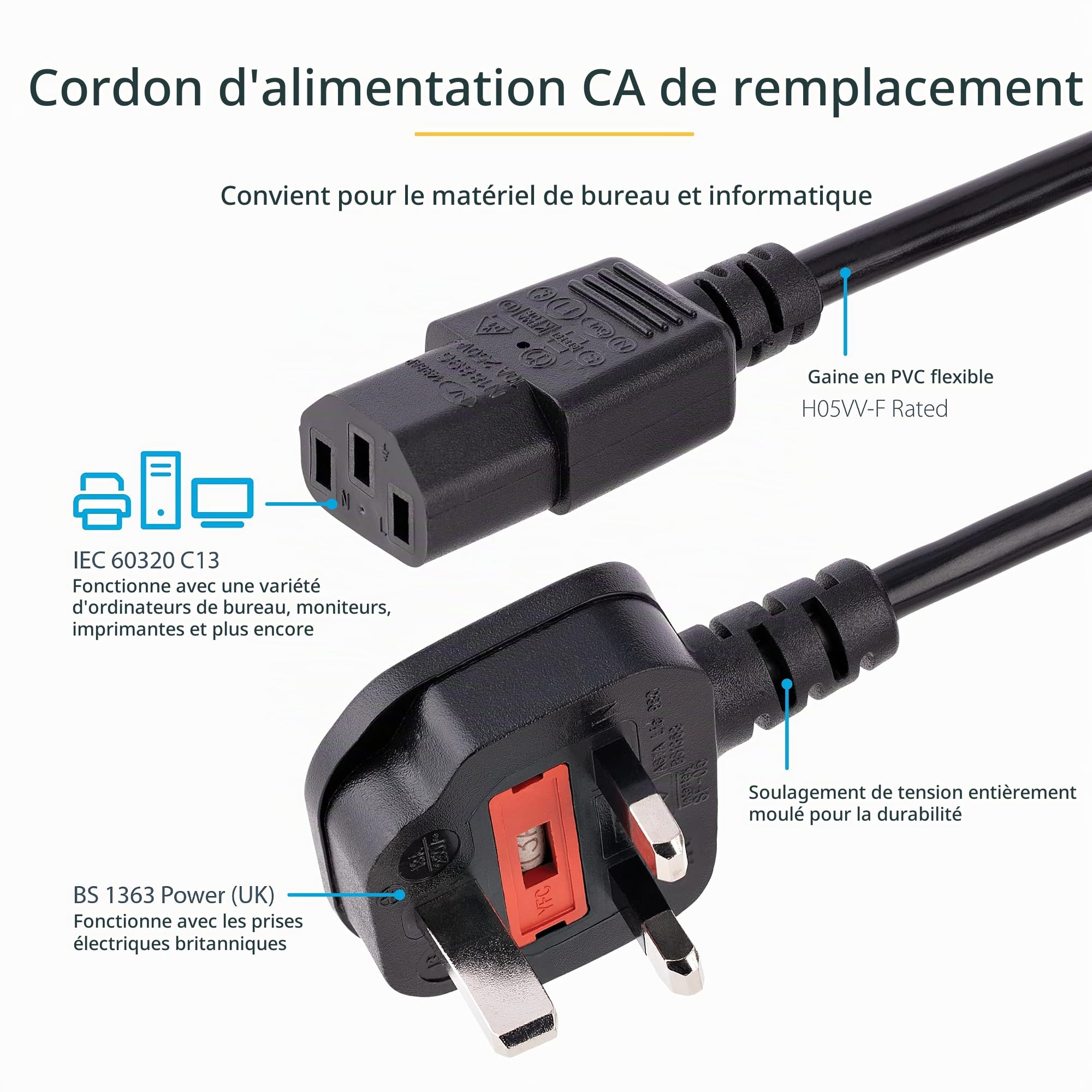 startech-com-pxt101uk3m-cordon-d-alimentation-pc-bs-1363-vers-c13-3-m-noir image 2