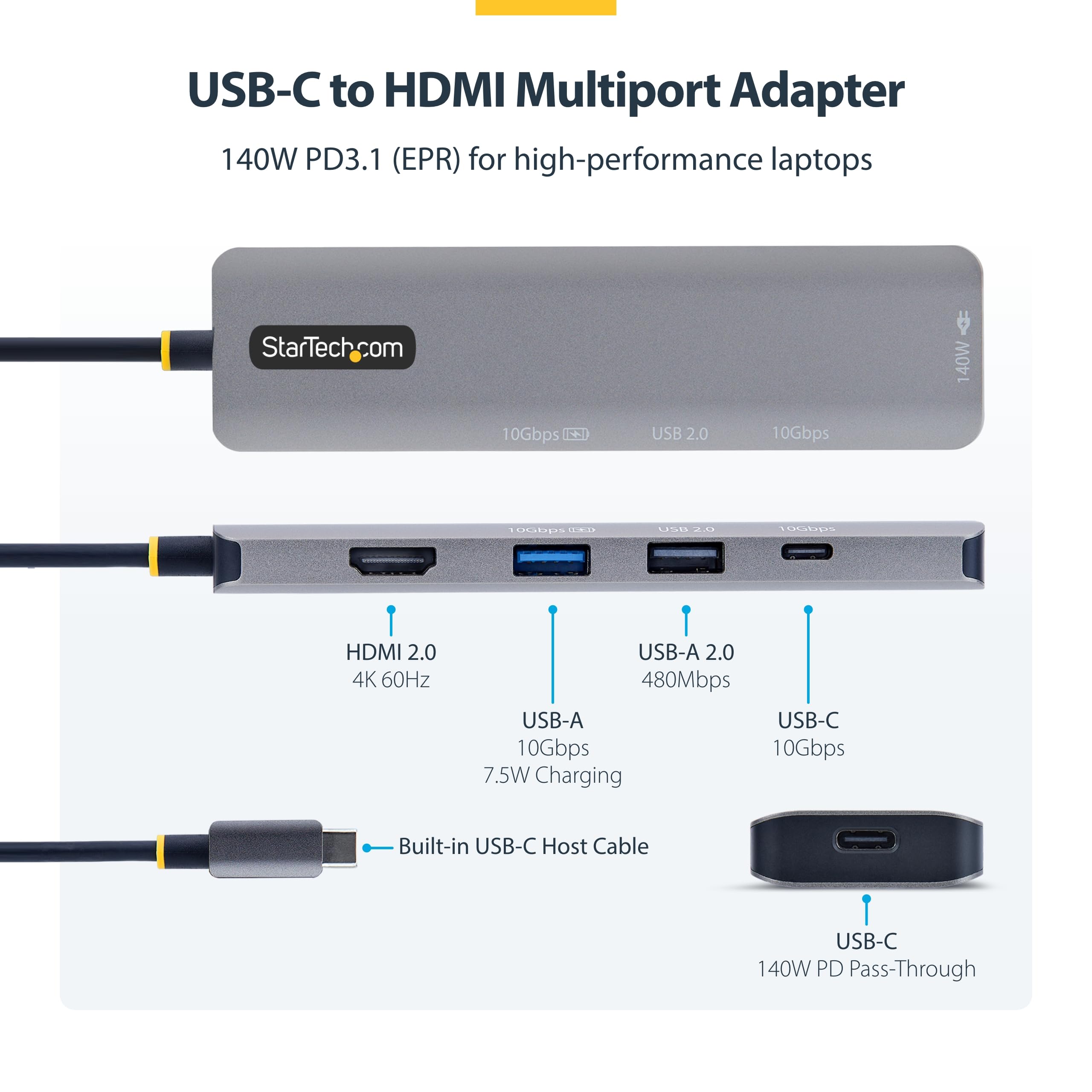startech-com-hub-usb-c-5-en-1-vers-hdmi-4k-60hz-140w-pd-usb-a-c-10-gbps image 2